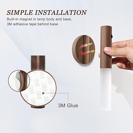 Glass & Wood Motion Sensor LED Night Light – Wireless Rechargeable Wall Lamp (Brown)