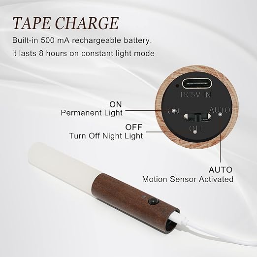 Glass & Wood Motion Sensor LED Night Light – Wireless Rechargeable Wall Lamp (Brown)