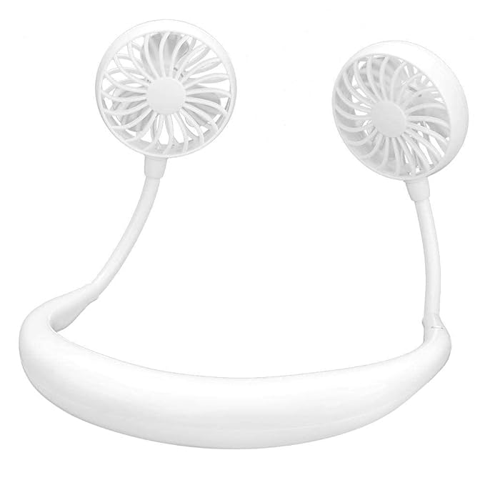 Portable USB Rechargeable Neckband Fan with LED Light – Hands-Free Personal Cooling Fan (White)