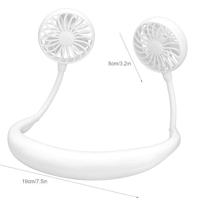 Portable USB Rechargeable Neckband Fan with LED Light – Hands-Free Personal Cooling Fan (White)