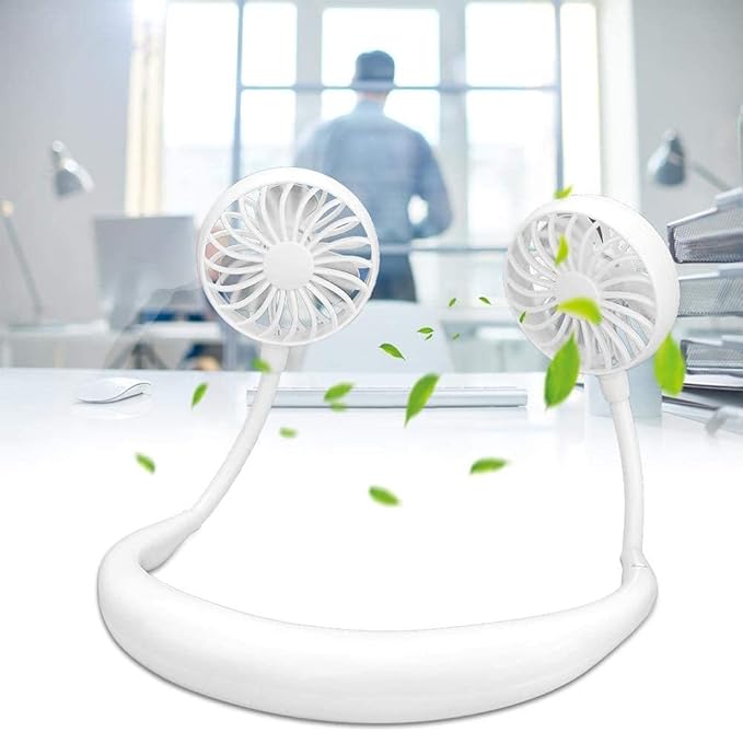 Portable USB Rechargeable Neckband Fan with LED Light – Hands-Free Personal Cooling Fan (White)